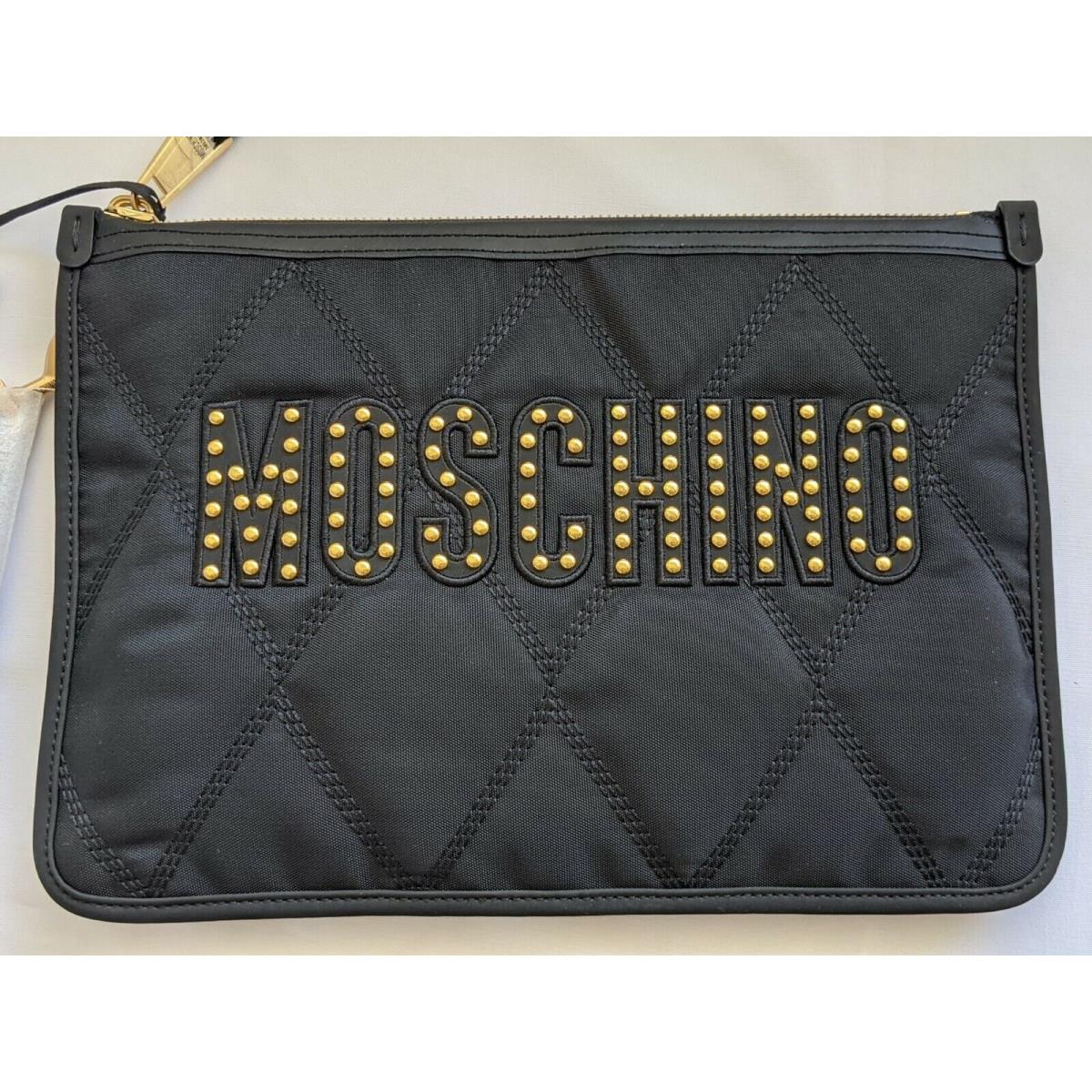 SS20 Moschino Couture Jeremy Scott Black Nylon Clutch with Gold Studded Logo