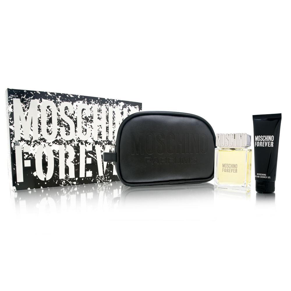 Moschino Forever For Men 3 PC Set 3.4 oz Edt Spray 3.4 oz Shower Ge Dopp Kit