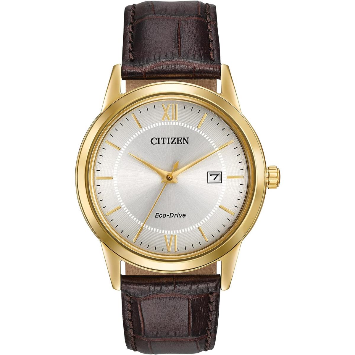 Citizen Men`s Eco-drive Leather Watch with Date Brown Strap/ Gold Tone