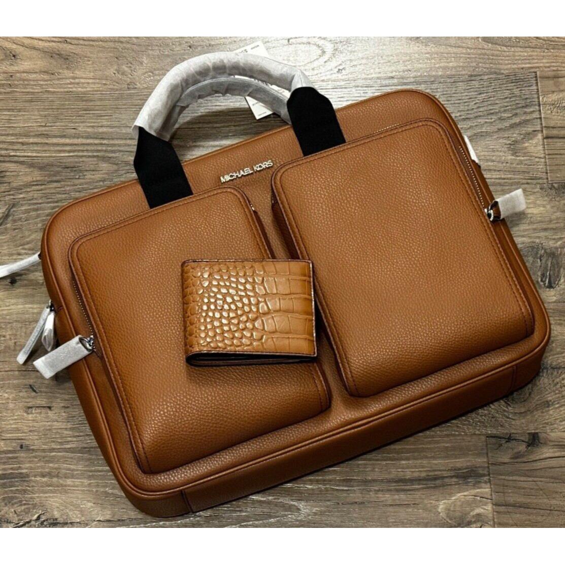 Michael Kors Cooper Leather Briefcase Laptop Bag + Wallet Set In Luggage Brown