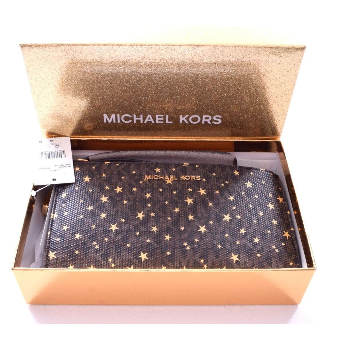 Michael Kors Jet Set Stars Double Zip Brown Wristlet Wallet w Box