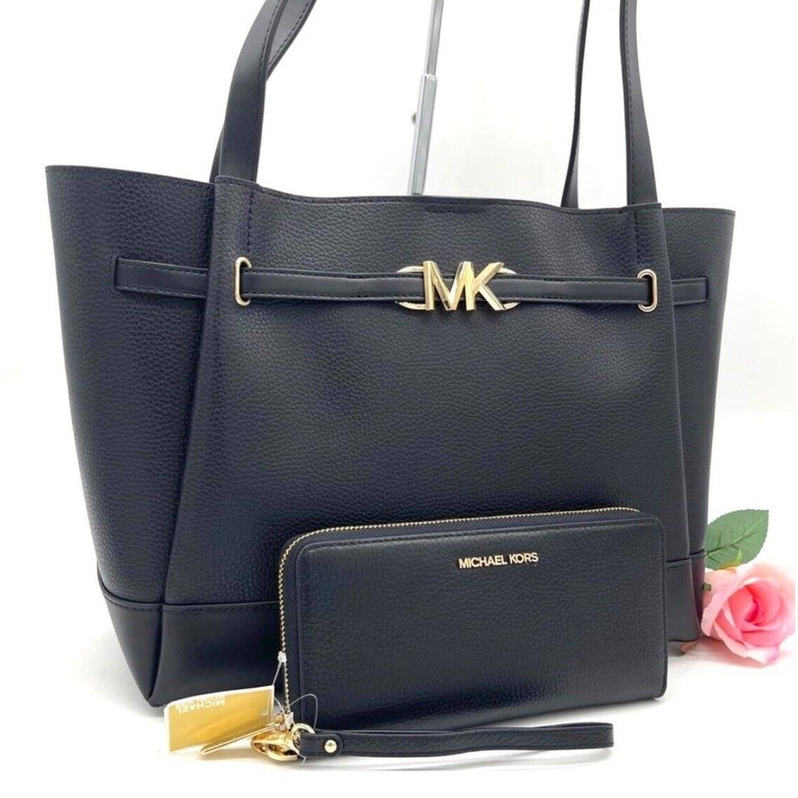 Michael Kors Reed Large Belted Tote Shoulder Bag Wallet Set Black