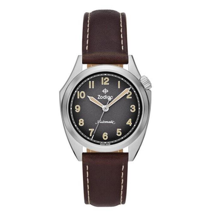 Zodiac Men Field Olympos Swiss Automatic Brown Leather Strap Watch 37mm ZO9712