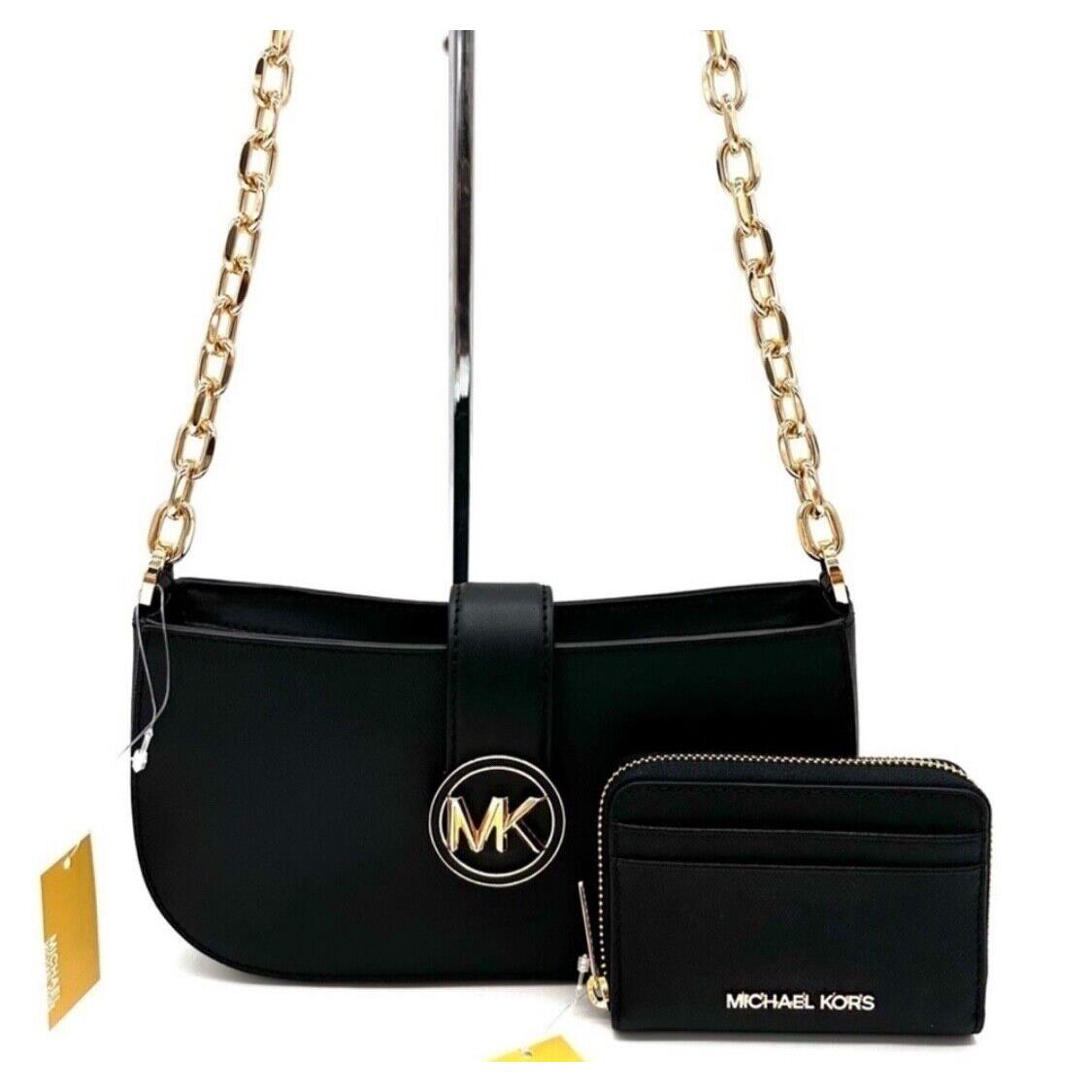 Michael Kors Carmen Small Leather Pouchette Shoulder Bag + Wallet Black