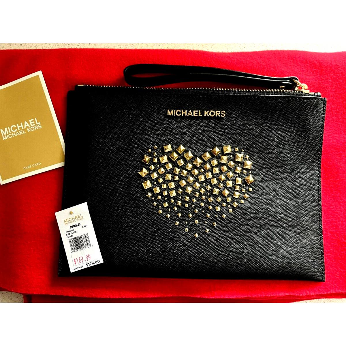 Michael Kors Black Saffiano Leather Studded Heart Wristlet / Clutch