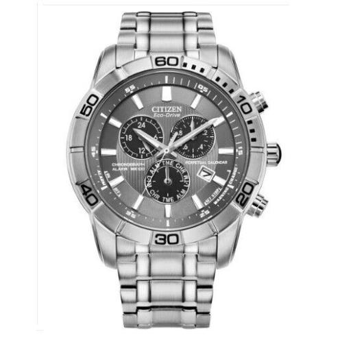 Mens Citizen Eco Drive Brycen Chronograph Stainless Steel Watch W35 - Dial: Gray, Band: Silver