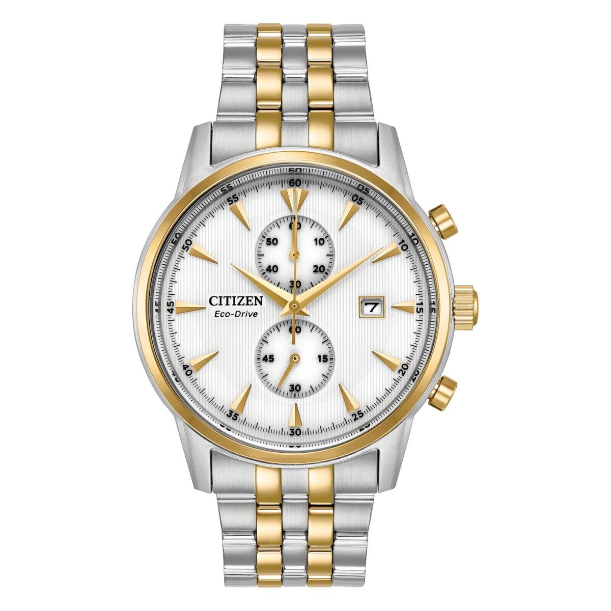 Citizen Corso CA7004-54A Men`s Chronograph Two-tone Bracelet 43mm Watch - Dial: White, Band: Two Tone Silver/Gold, Bezel: Gold