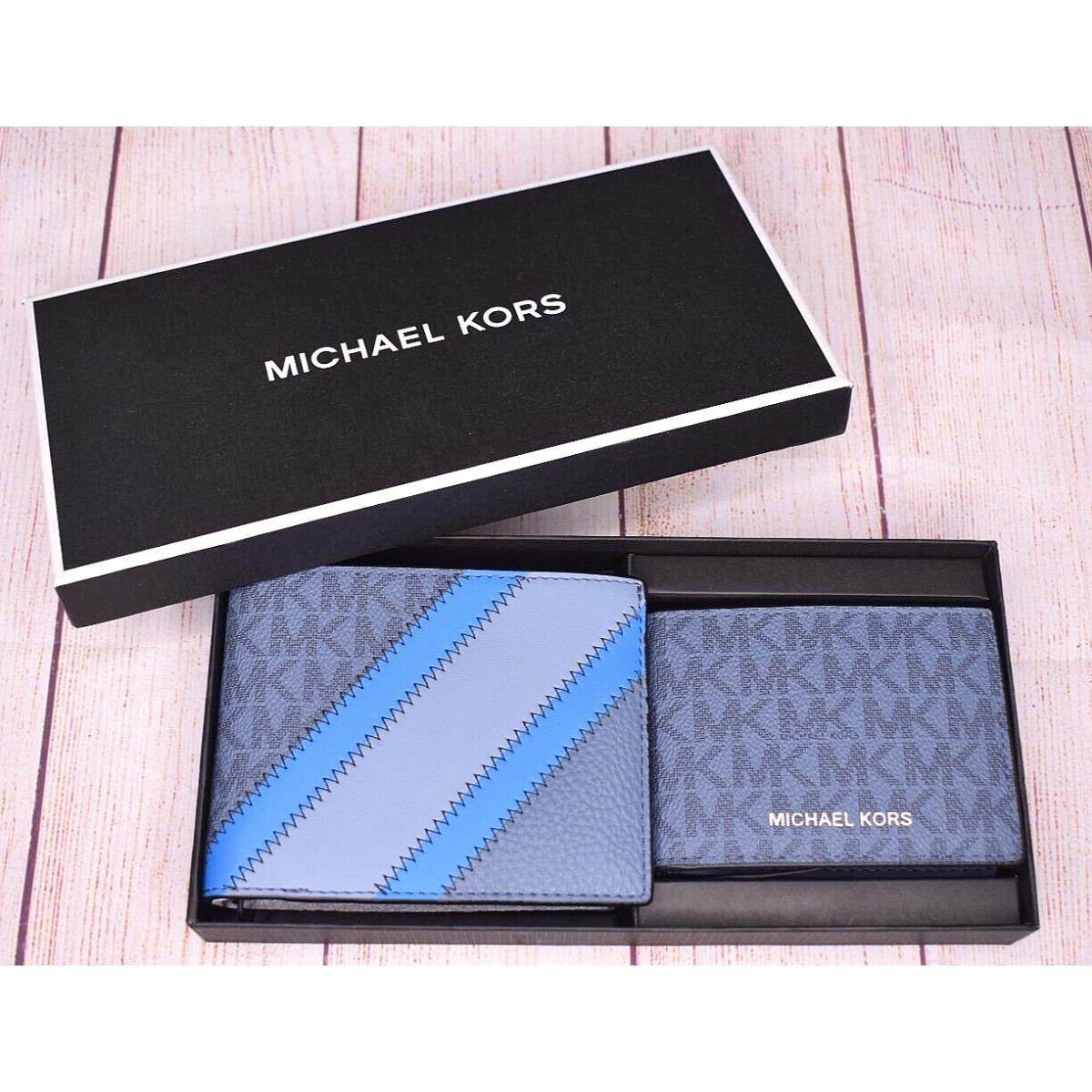 Michael Kors Men`s Bifold Wallet Card Case Box Set Blue Denim MK Logo