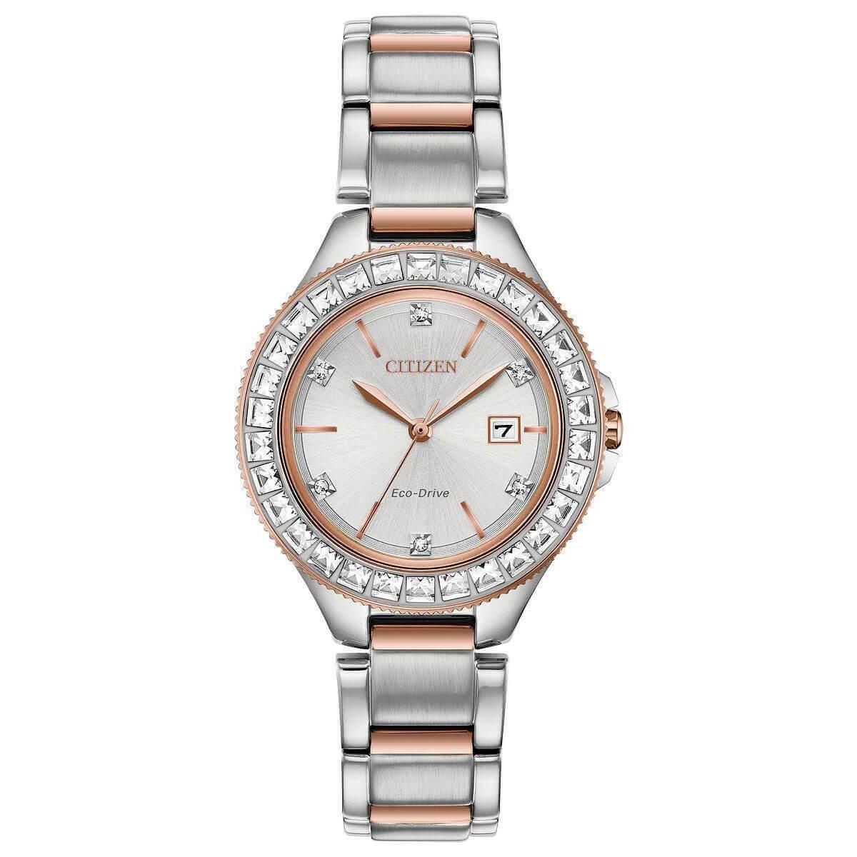 Citizen Silhouette Crystal FE1196-57A Ladies 31mm Watch - Dial: Silver, Band: Two Tone Silver/Rose Gold, Bezel: Silver