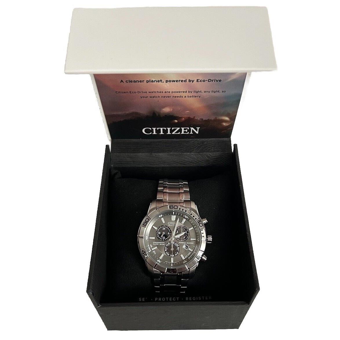 Citizen Eco-drive Brycen Chronograph Stainless Steel Men`s Watch BL5450-54H - Dial: Gray, Band: Silver, Bezel: Gray