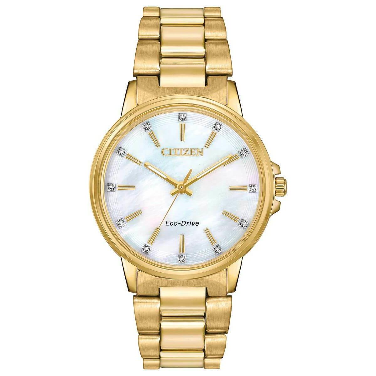 Citizen Chandler FE7032-51D Ladies 37mm Bracelet Watch - Dial: White Mother of Pearl, Band: Gold, Bezel: Gold