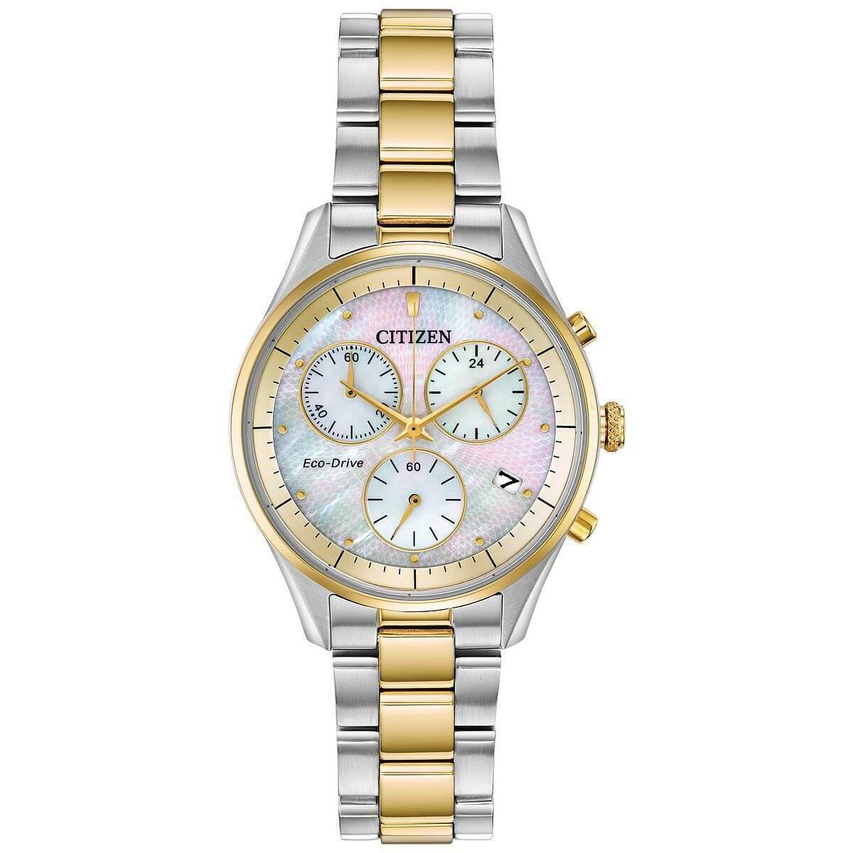 Citizen Chandler FB1444-56D Ladies 32mm White Dial Watch - Dial: White, Band: Gold, Silver, Bezel: Gold