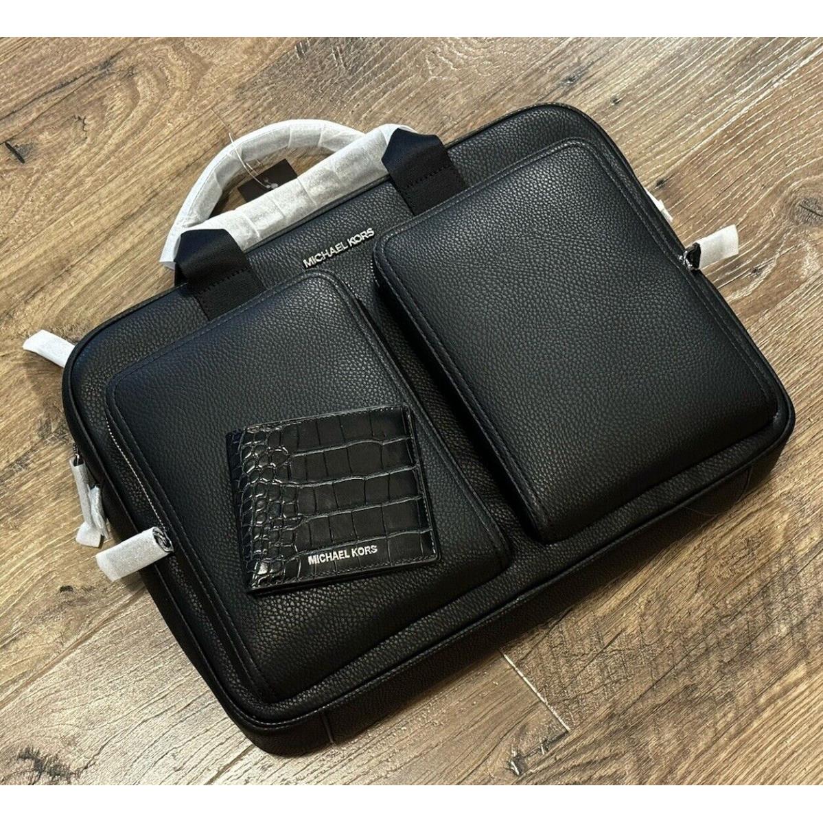 Michael Kors Cooper Leather Briefcase Laptop Bag + Wallet Set In Black