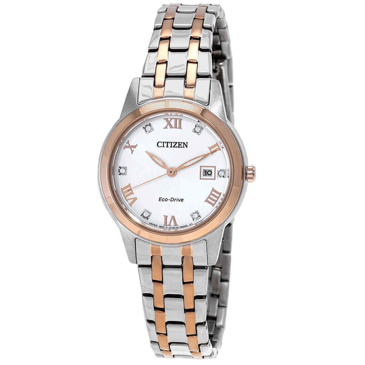 Citizen Eco-drive Crystal White Dial Two-tone Ladies Watch FE1246-85A