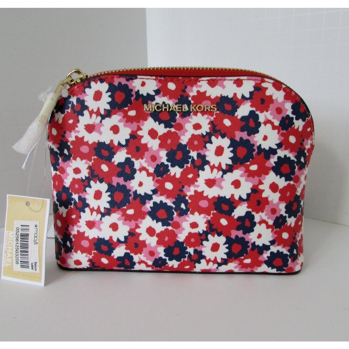 Michael Kors Medium Cosmetic Pouch Travel Bag Floral Red White Blue Saffiano