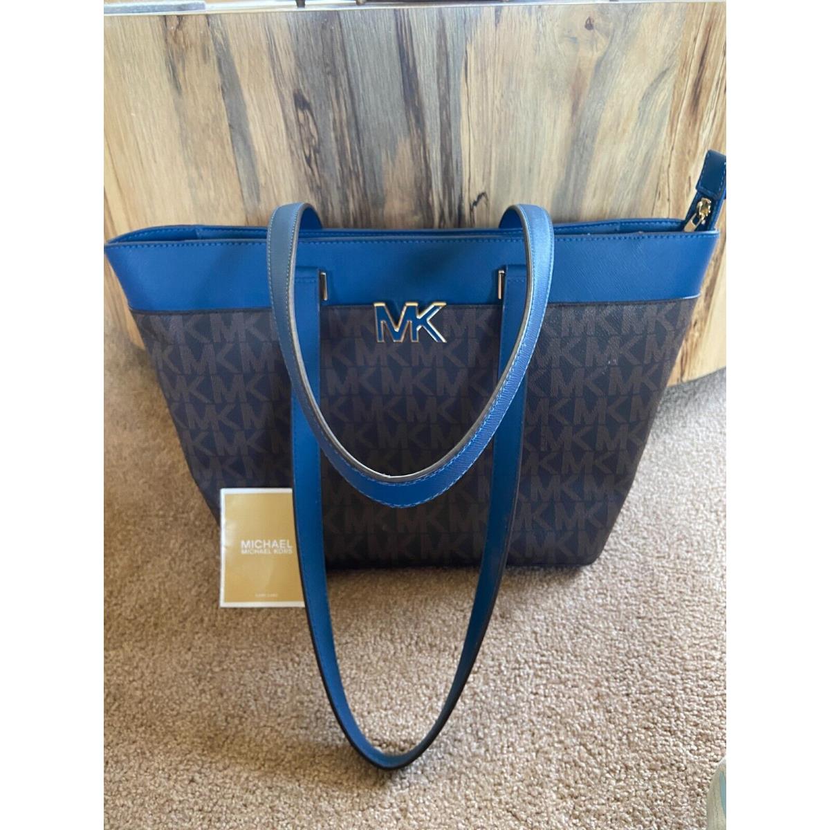 Michael Kors Florence Large Tote Brown River Blue Signature Shoulder Bag