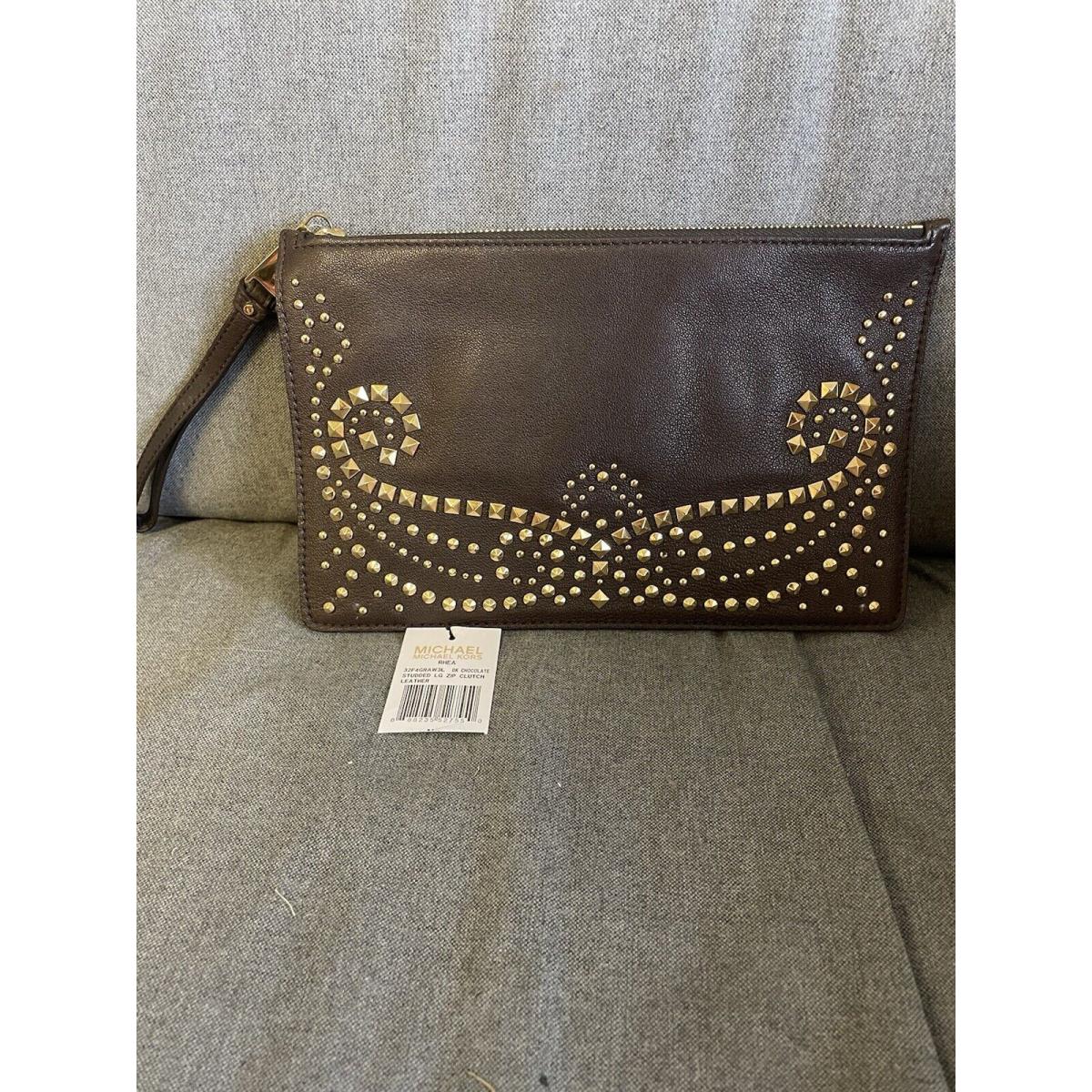 Michael Kors Rhea Studded Large Zip Clutch Wristlet Dark Chocolate Brown Leather