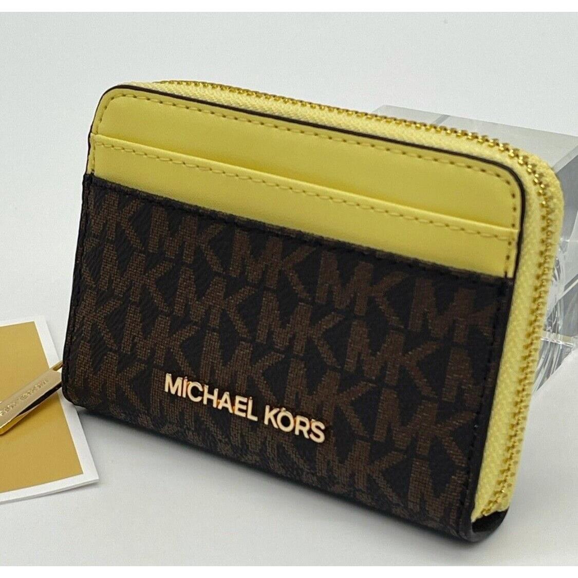 Michael Kors Jet Set Travel Med Zip Around Card Case Brown Yellow