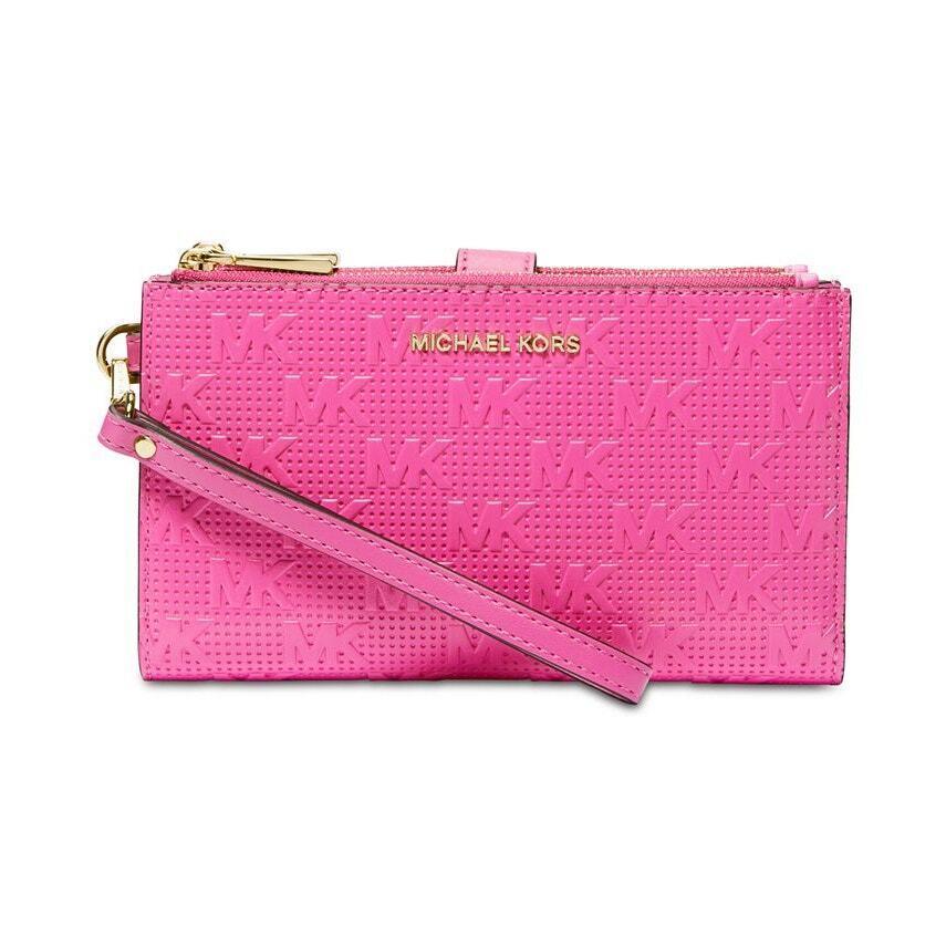 Michael Kors Signature Jet Set Double Zip W Cerise Wristlet Style Wallet - Pink, Handle/Strap: Pink, Exterior: Cerise