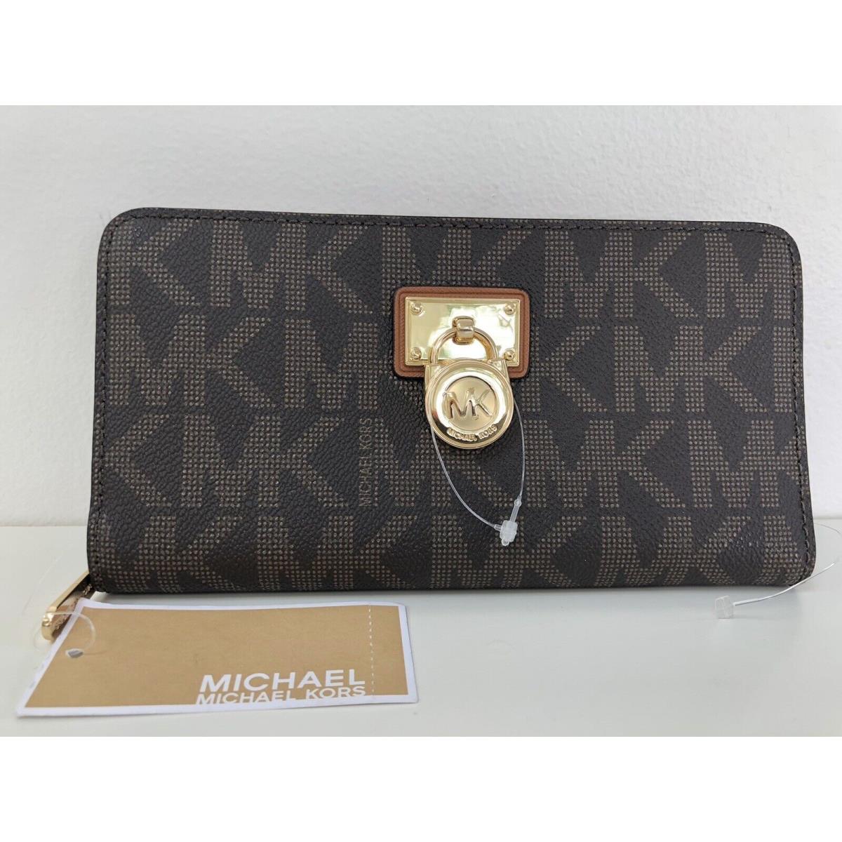 Michael Kors Hamilton LG Zip Around Wallet Signature Pvc Gold Lock Brown