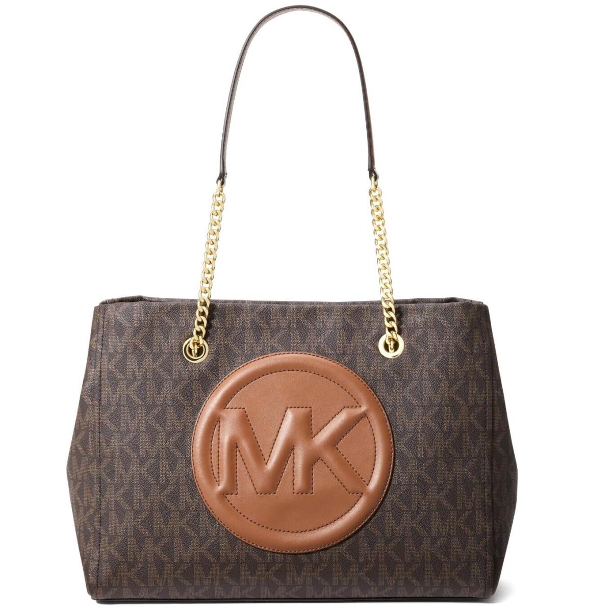 Michael Kors Brynn MK Logo LG Chain Shoulder Tote Bag Brown Luggage 38F1C7SE3B