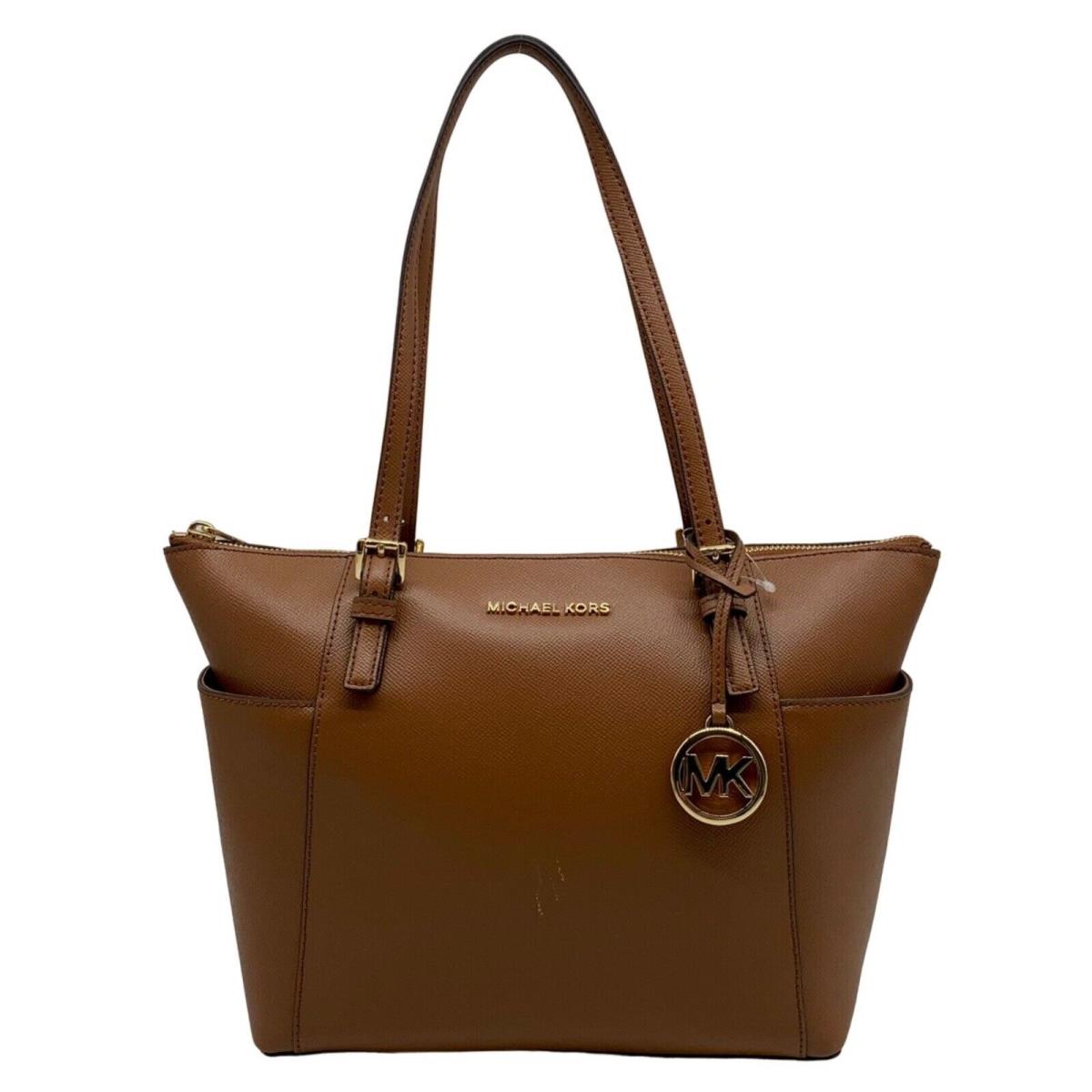 Michael Kors Jet Set East West Top Zipper Tan Coated Canvas Tote Bag