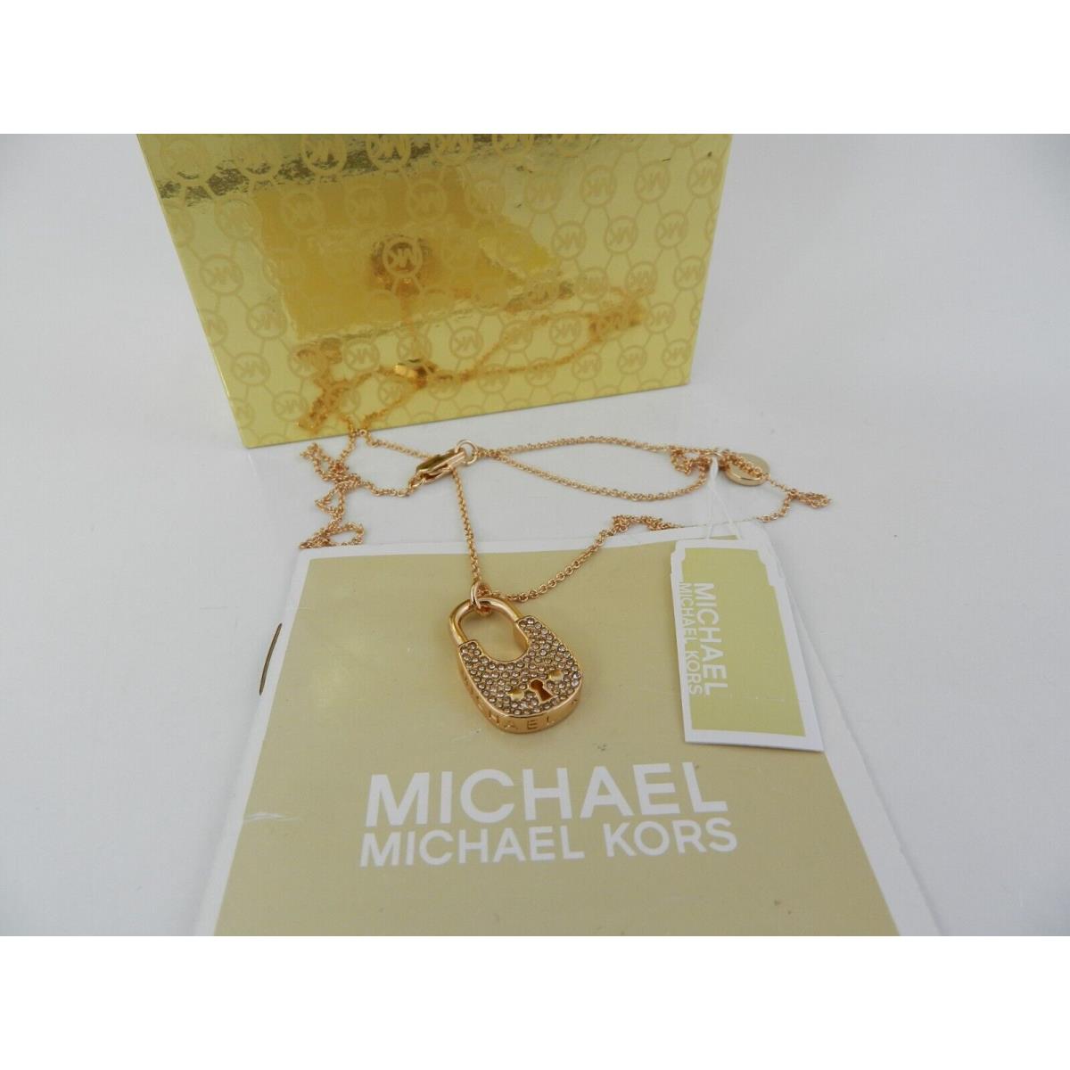 Michael Kors Rose Gold Tone Clear Pave Padlock Charm Necklace