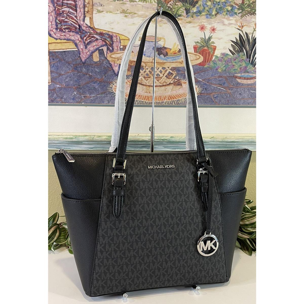 Michael Kors Charlotte Medium Large Zip Tote Shoulder Bag Black MK Logo Silver