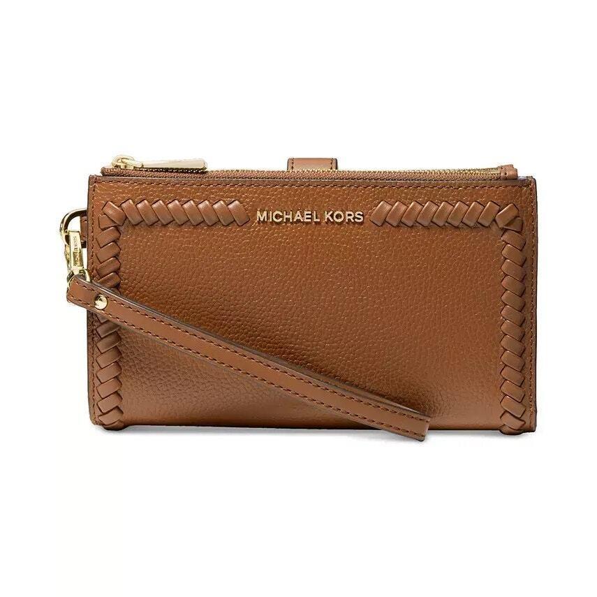 Michael Kors Jet Set Double Zip Leather Wristlet Clutch In Luggage Leather Nina