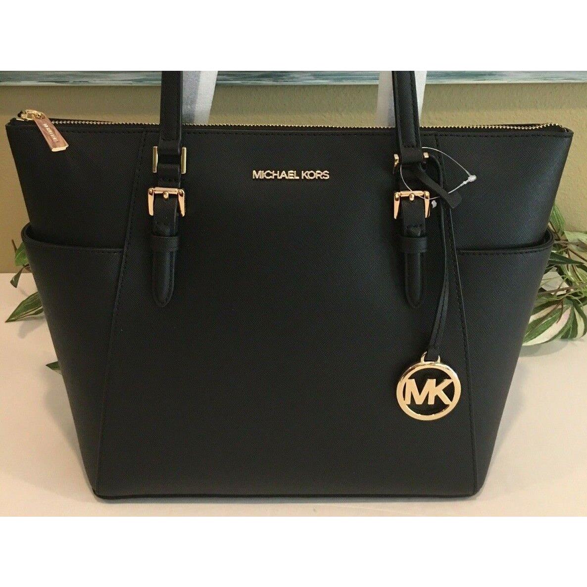 Michael Kors Charlotte Ciara Large Zip Tote Shoulder Bag MK Black Leather Gold