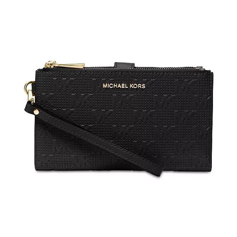 Michael Kors Signature Jet Set Double Zip Embossed Black Wristlet Wallet - Exterior: Black, Lining: Black, Handle/Strap: Black