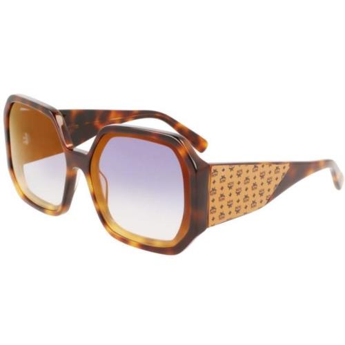 Mcm 709S 215 Tortoise Sunglasses with Cognac Visetto Temples Blue Lenses