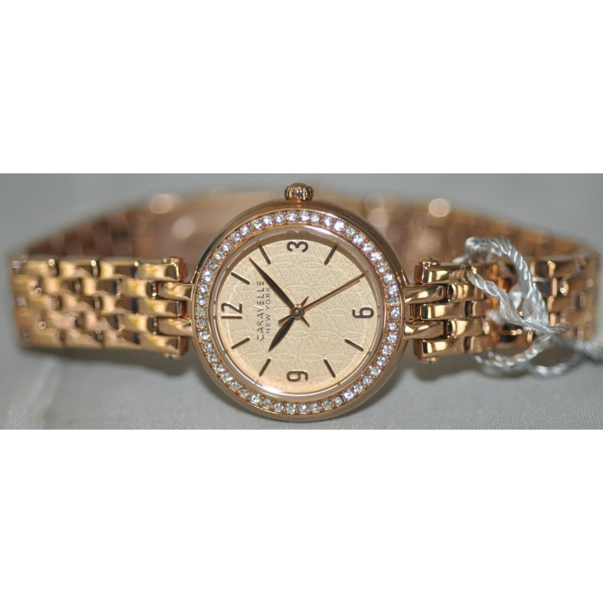 Caravelle Ladies Rose Gold Dial Crystal Accent Rose Stainless Steel Watch 44L175