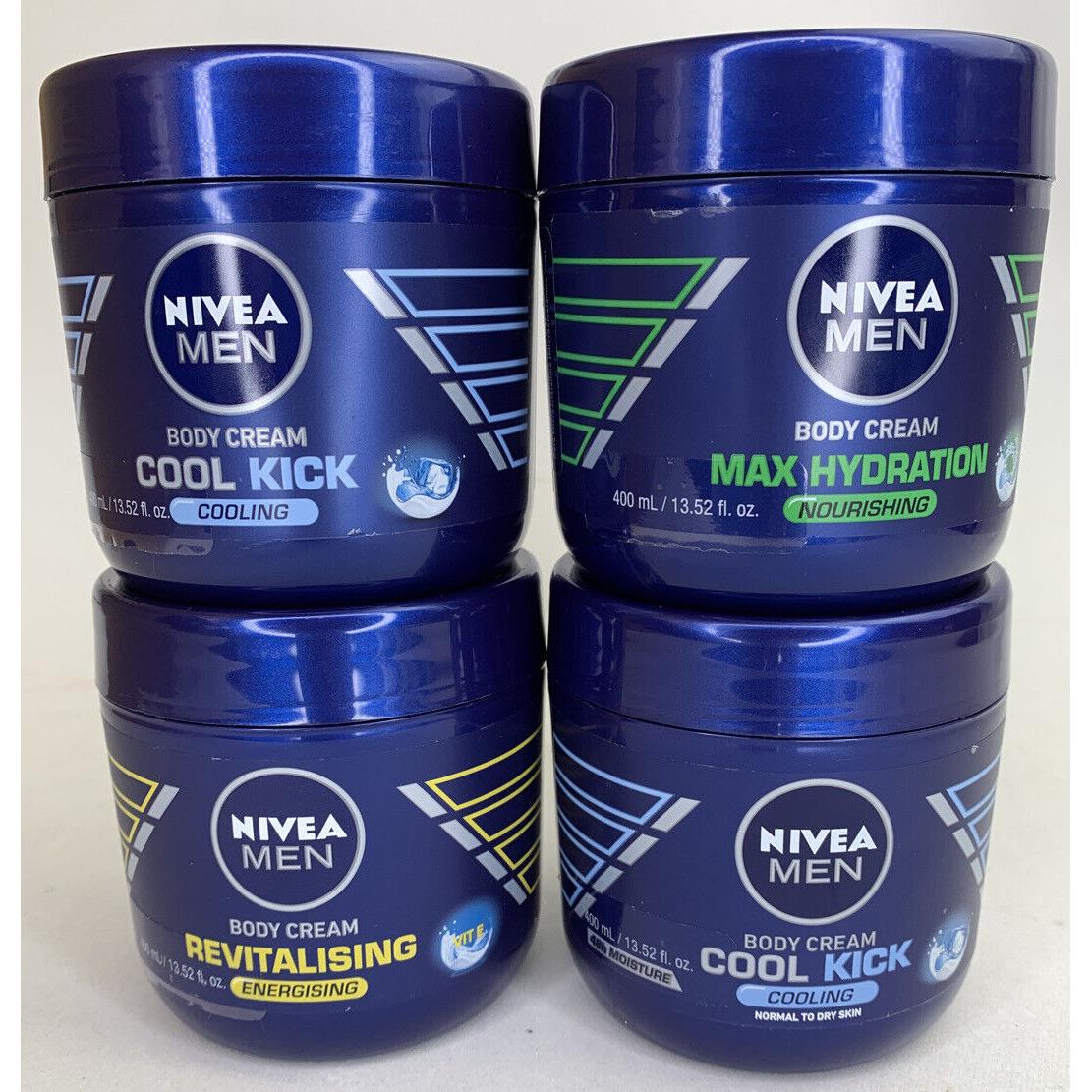 Nivea Men Body Cream 13.5oz Each Lot of 4 Cooling X2 Energizing and Nourishing