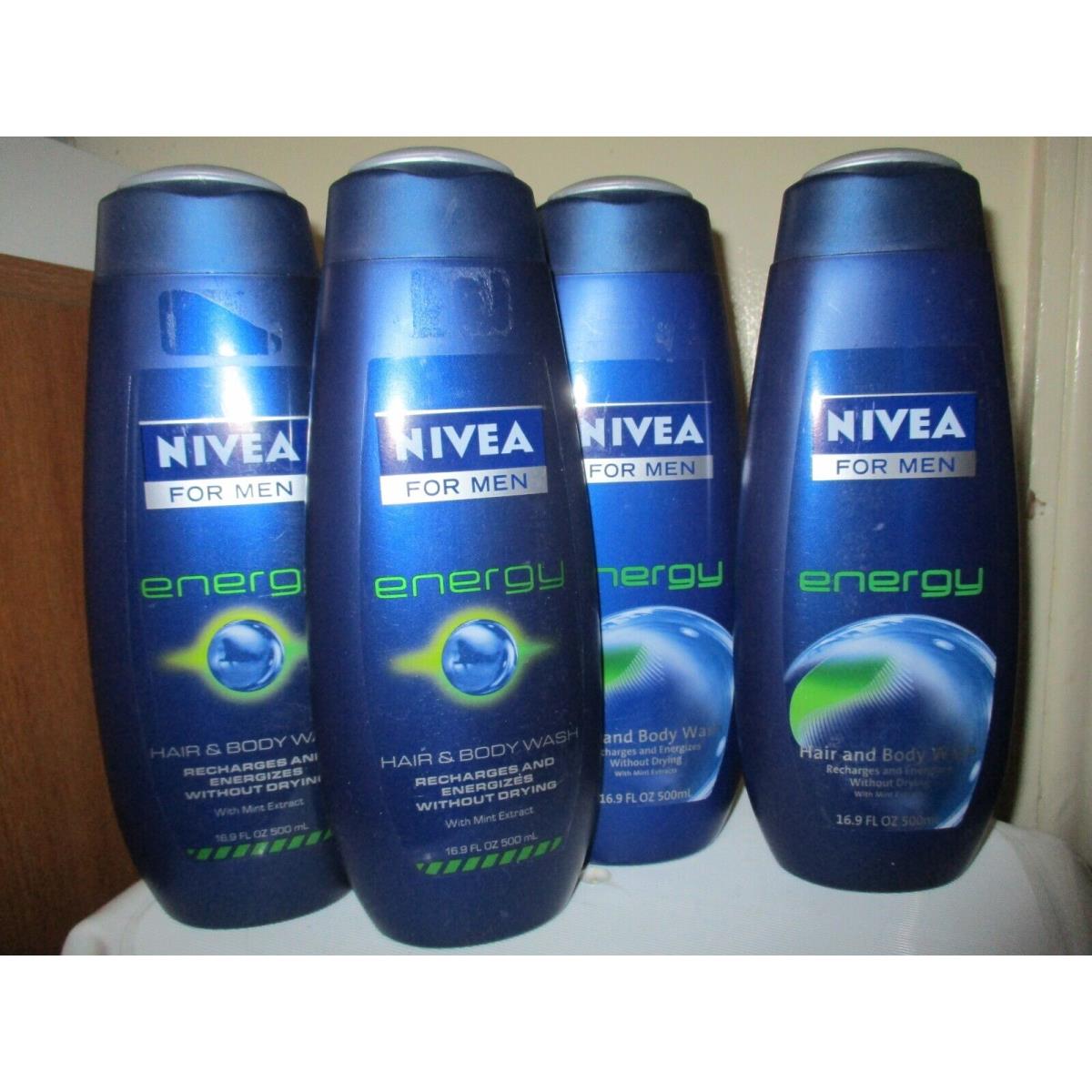 Lot of 4 Nivea For Men Energy Hair Body Wash w Mint Extract 16.9oz Each Htf