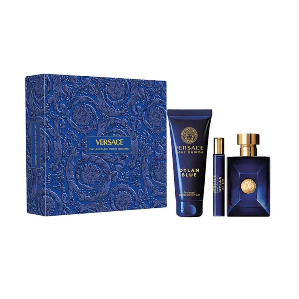 Versace Dylan Blue Pour Homme 3.4 Oz Spray Showel Gel 5 Oz Mini 3 Pc Set