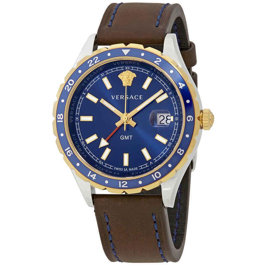 Versace Hellenyium Gmt Blue Dial Men`s Watch V11080017 - Dial: Blue, Rose, Band: Brown, Bezel: Pink, Blue, Rose Gold