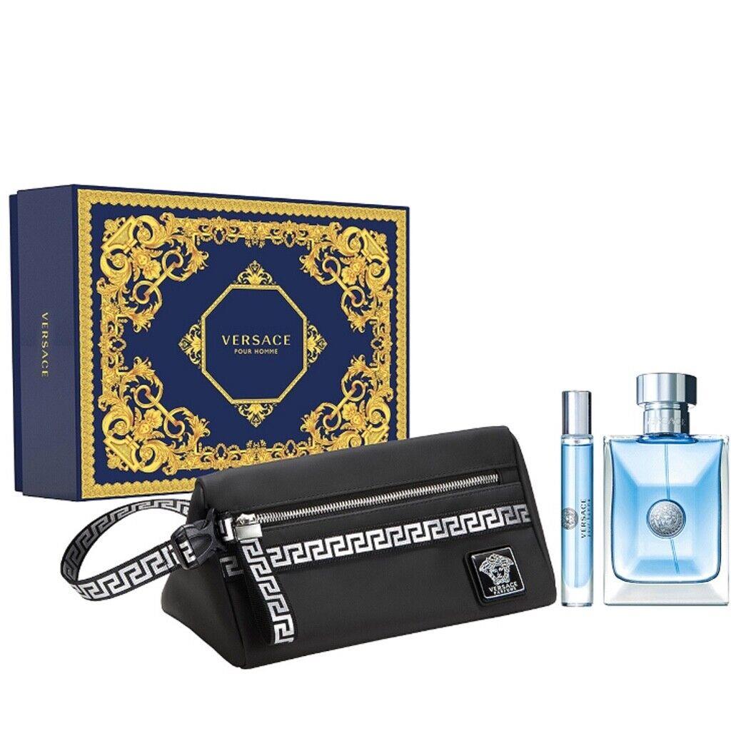 Versace Pour Homme Men`s 3 pc Set 3.4oz Edt Spray + 0.3 oz Mini Spray + Trousse