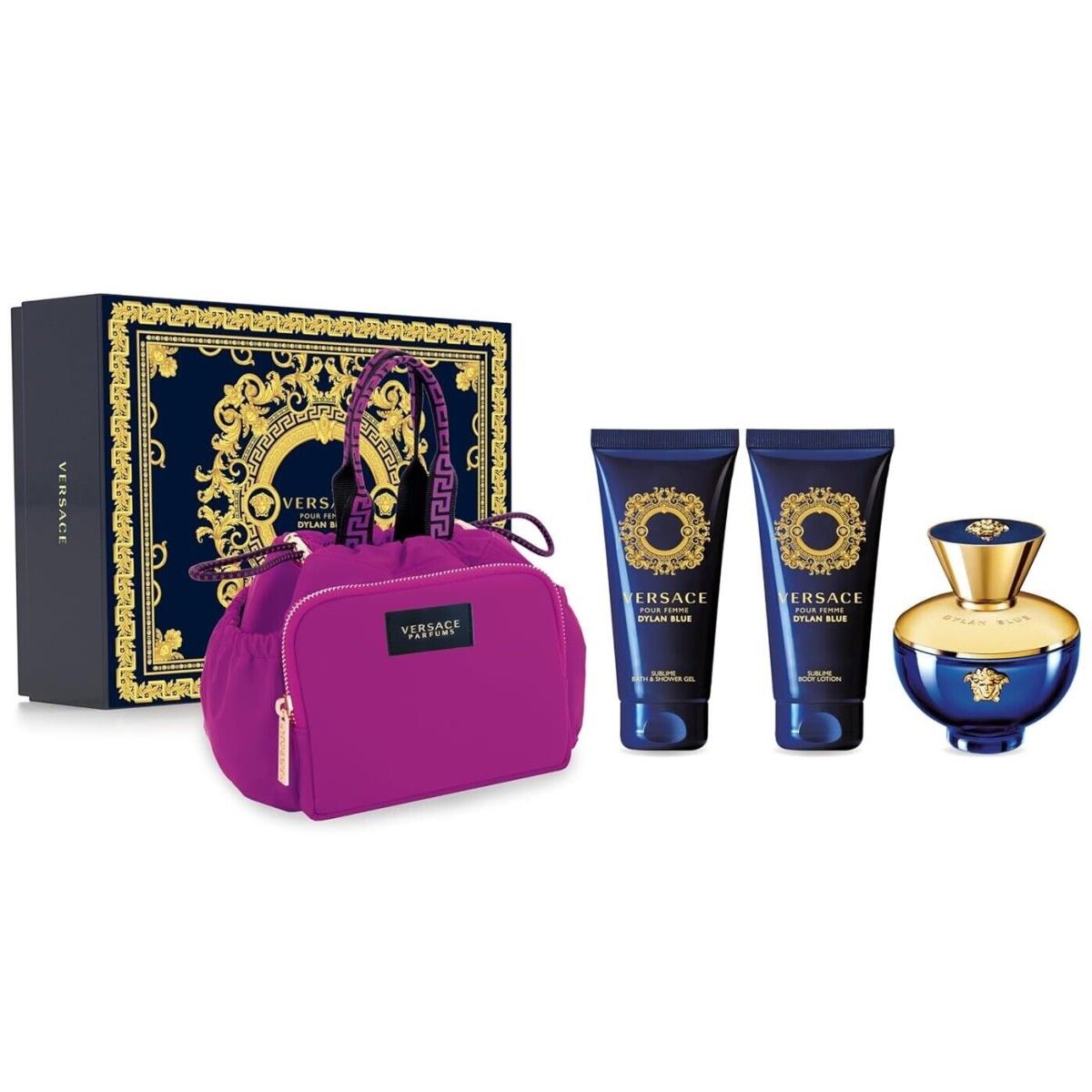 Versace Dylan Blue For Women 4 pc Set 3.4 oz Edp Spray + Body Lotion + Gel + Bag