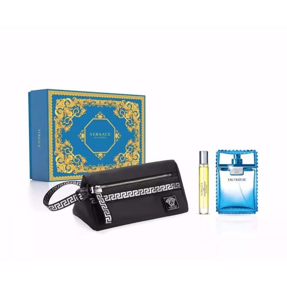 Versace Eau Fraiche Men`s 3 pc Set 3.4oz Edt Spray + 0.3 oz Mini Spray + Trousse