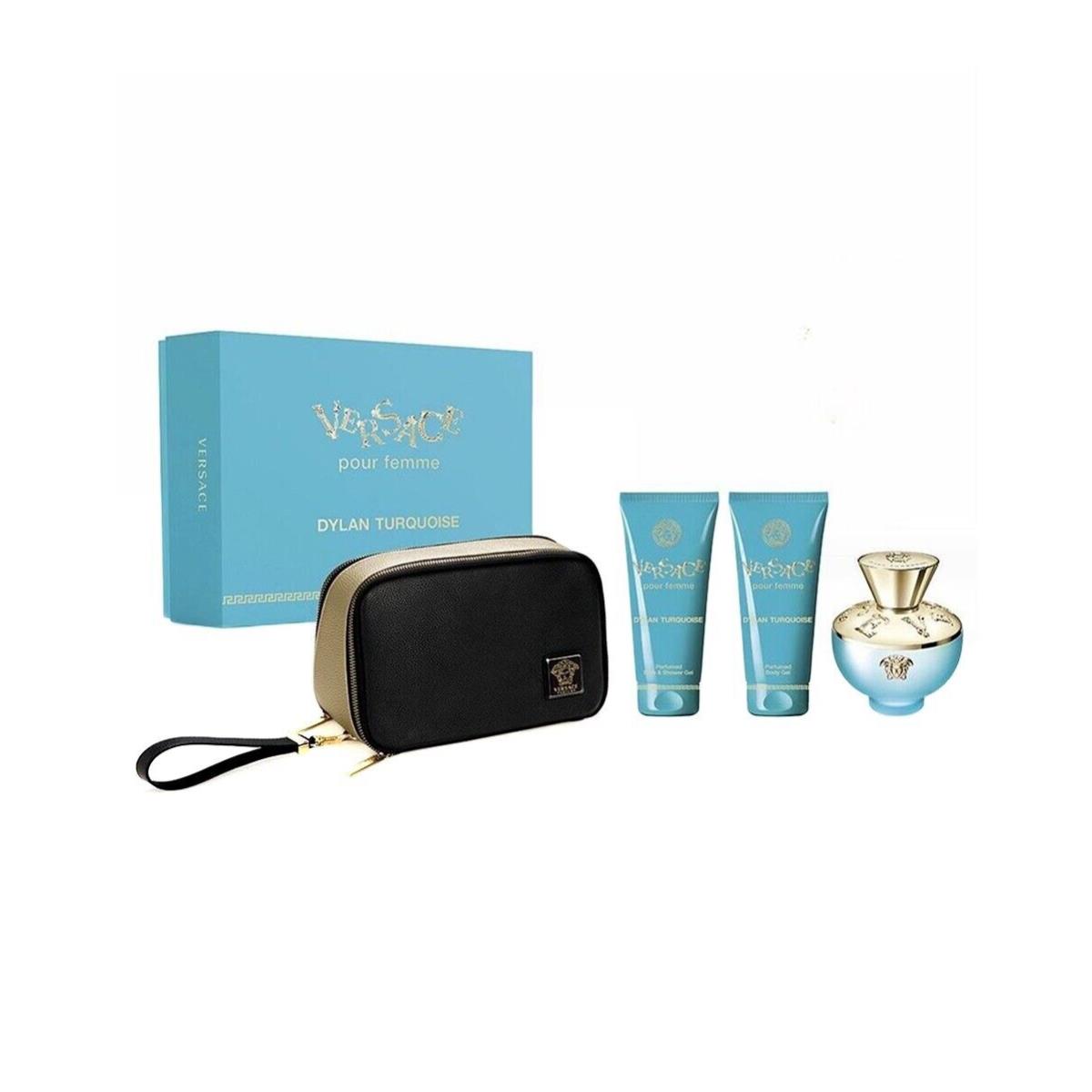 Versace Dylan Turquoise 4pc Set 3.4ozEDT + 3.4oz Bath Gel + 3.4oz Body Gel + Bag