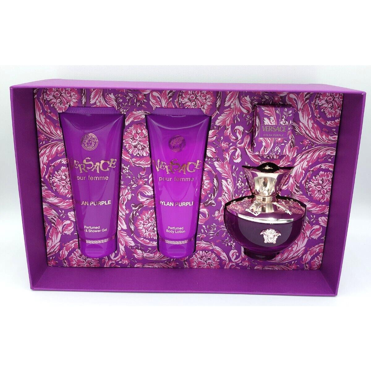 Versace Dylan Purple 4pcs Edp Spray 3.4oz 0.17oz + Gel 3.4oz + 3.4oz Lotion