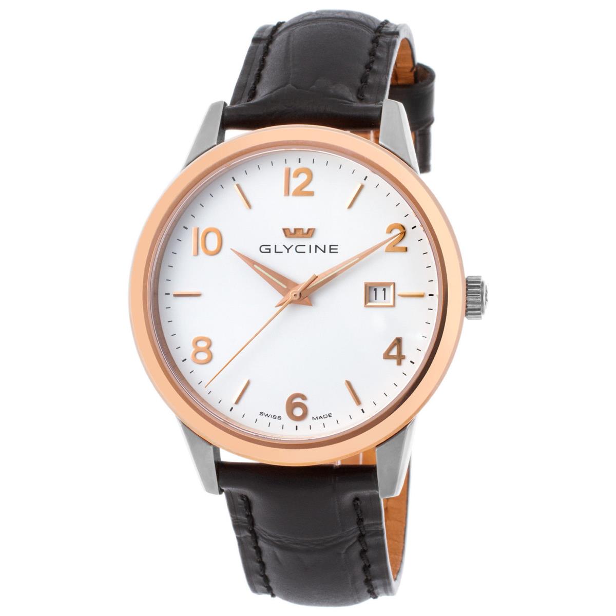 Glycine 3925-31-LBK9 Men`s Leather White Dial Rose-tone Bezel Swiss Made Watch