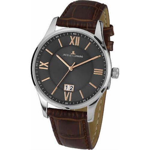Jacques Lemans Men`s 1-1845N Classic Gray Dial Leather Watch