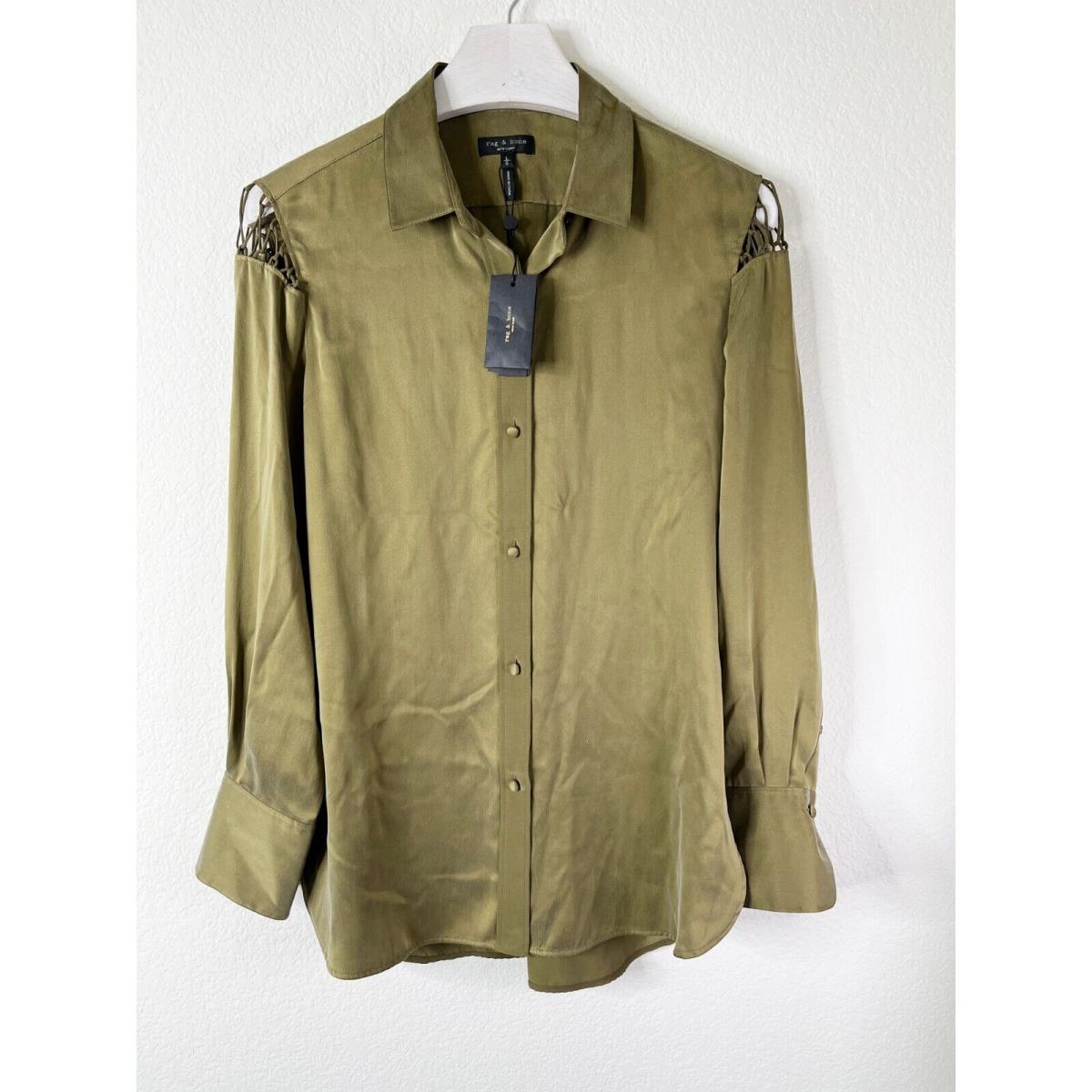 Rag Bone Women Olive Green Hollow Out Shoulder Silk Shirt Size L