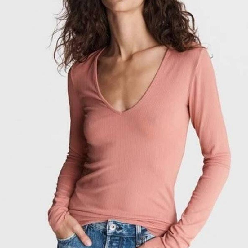 Rag Bone Zoe Deep Vee Rib Long Sleeve Mauved Out Shirt Size L Henley Pink