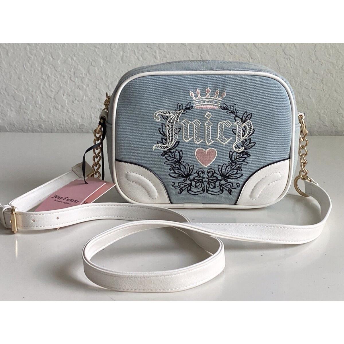 Juicy Couture Light Washed Denim Heritage Crossbody Velour Bag Purse