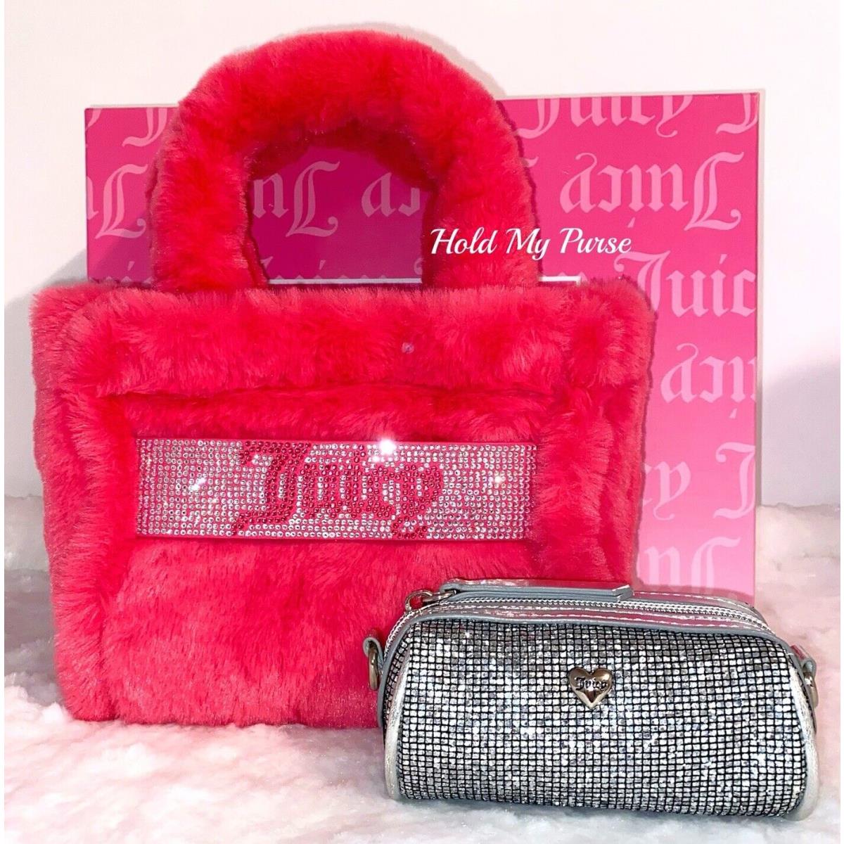 Juicy Couture Plush Fur Pink Tote Bag Silver Barrel Coin Purse Set