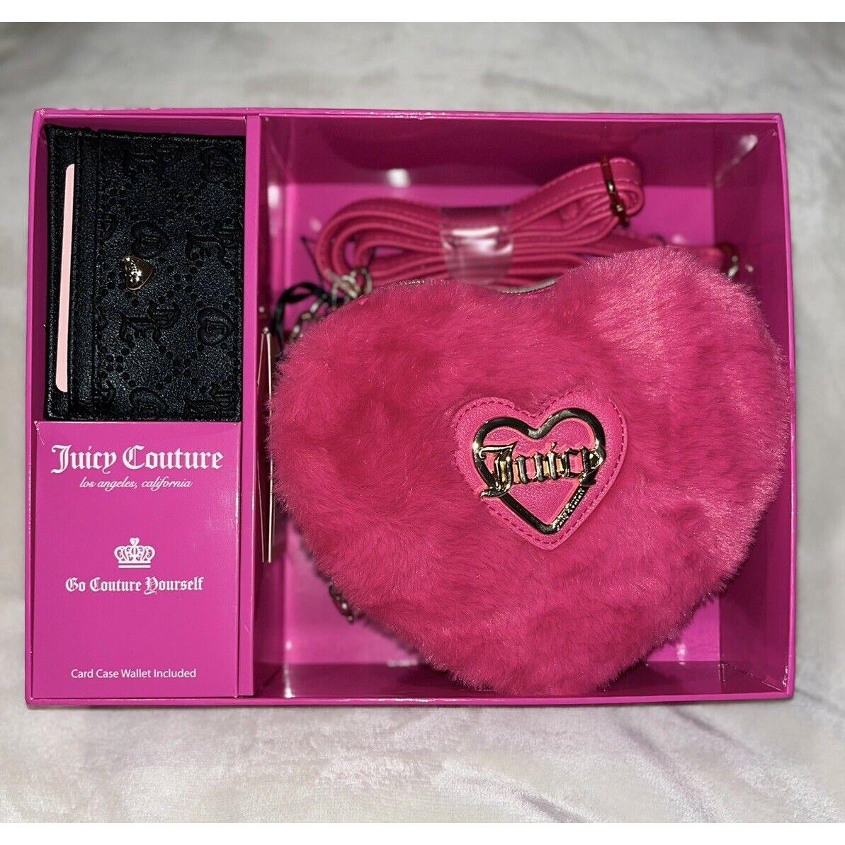 Juicy Couture Hot Pink Mini Fur Heart Purse Credit Card Holder Set