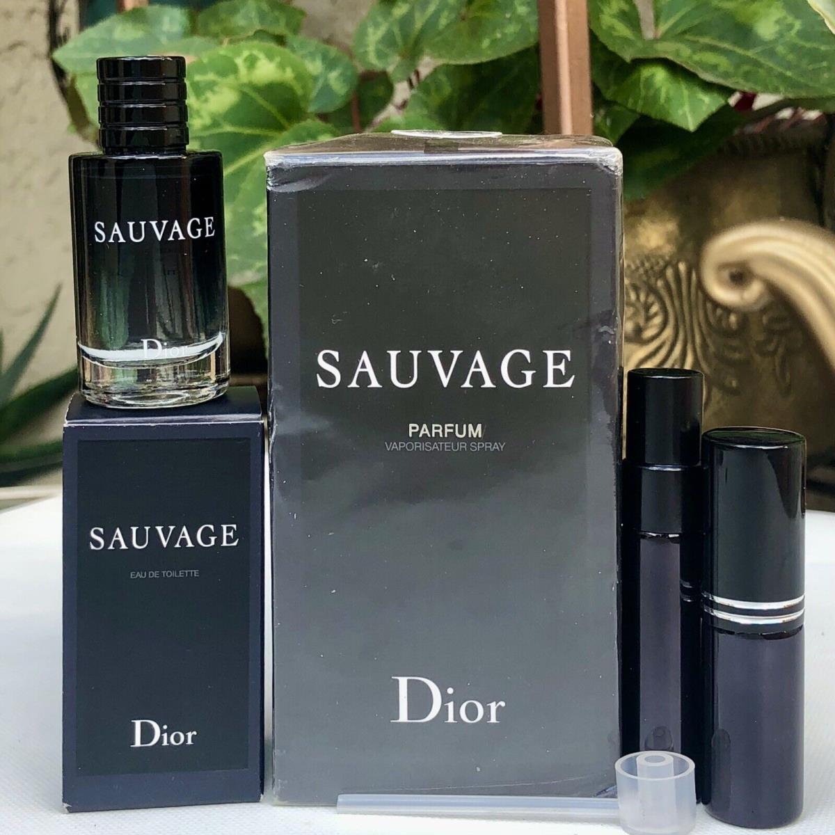 Lot Dior Sauvage Parfum 2oz Spray + Edt .34oz Mini Cologne + Travel Extras